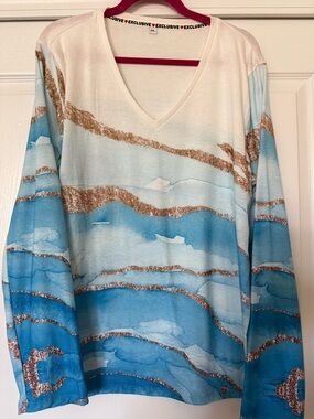 Exclusive V-Neck Blue, White, & Gold Watercolor Top with Metallic Accents